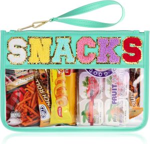 Snack Bag for Travel - Clear Chenille Varsity Letter Flat Pouch with Zipper Waterproof Clear Nylon Preppy Patch Makeup Cosmetic tote Bags for Women Girls