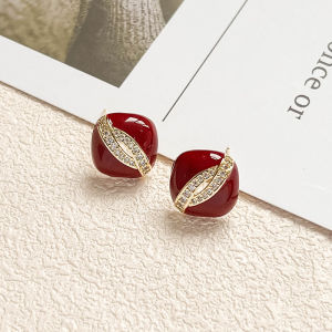 Fashionable Ring Gift 真金电镀镶钻S925银针耳钉女小众设计高级感轻奢个性方形红色耳环