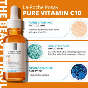 La Roche Posay Pure Vitamin C10 Serum | Anti-Wrinkle Antioxidant Serum with Pure Vitamin C for Aging Skin（Serum CICAPLAST B5/ RETINOL B3/ HYALU B5/ EFFACLAR Serum/ NIACINAMIDE 10)30ML