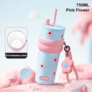 【Ucocolla】 Tumbler Hot and Cold with Straw 750ML(25OZ) Water Bottle Stainless Steel Vacuum Flask