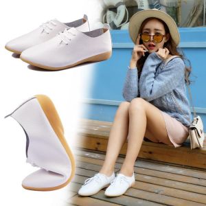 Women Flat Leather Oxford Shoes Summer Lace up Casual White shoes