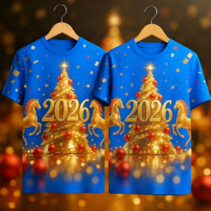 2026 năm mới giới hạn Vàng cây thông giáng sinh chiến mã ngắn tay in họa tiết T-Shirt vàng đen không khí lễ hội Top tiệc giáng sinh sáng áo tay ngắn đơn giản S-5XL lớn