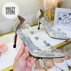 Giày ball bạc đá HALEY STORE cao gót 9cm bít mũi nhọn mika trong suốt đính khóa đá tiểu thư công chúa cô dâu tiệc cưới