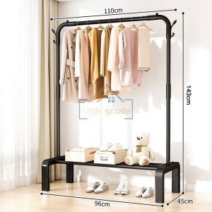 High grade ราวแขวนผ้า ราวตากผ้า ราวตากผ้าแข็งๆ ราวแขวนผ้าสแตน ราวแขวนเสื้อผ้า พร้อมชั้นวางของและตะขอแขวนเสื้อแขวนหมวก รองรับน้ำหนัก 100kg พร้อมส่ง