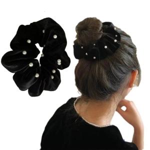 Elegant French Styles Faux Pearls Scrunchie with Ruffle Fabric Fashion Hair Accessories for Women and Girls
