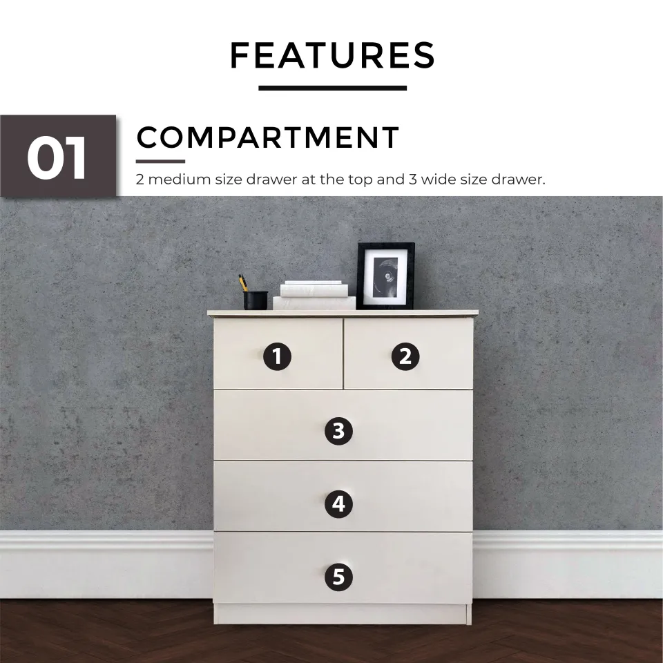 Modern Chest Drawer Dresser with 5 Drawers, Clothing and Items Storage  Organizer for Home, Bedroom, Hallway, Entryway, Living Room Closet, Laci  Baju L80 x D40 x H100cm