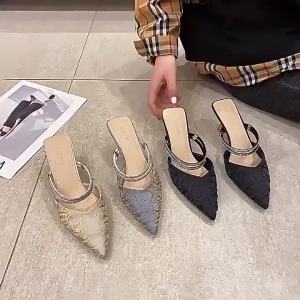 WomenS Summer Two-Way Wear High Heel Mules Open-Toe Sandals Elegant Pointed-Toe Thin Heel Slippers