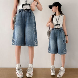 Newest Fashion Vintage Kids Childrens Knee-Length Denim Shorts with Star for Teenage Girls Loose Casual Short Jeans Pants 5-14T