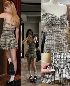 Đầm ống body nơ ngực viền bèo bo chun đuôi xoè cut out chất cotton kẻ ô dày dặn tôn dáng gợi cảm năng động GODI DRESS