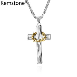 Kemstone Stainless Steel Wreath Cross Necklace Mens Silver Gold Plated Black Pendant Necklaces Jewelry