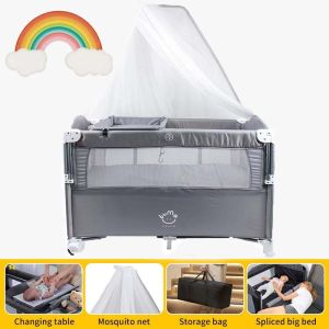 [COD] 5 in1 Baby Nursery Center Bedside Sleepe With Side Shelf Baby Crib Playpen Mobile Crib For Baby With Mosquito Net Infant Crib With Diaper Changer Table And Hanging Musical Toys Liftable Crib Bed For Baby To Toddlers With Two Layers
