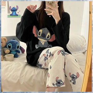Disney Stitch Autumn Pure Cotton New Long-Sleeved Trousers 2Pcs Womens Pajamas Silk Pajamas Student Casual Clothes Loungewear