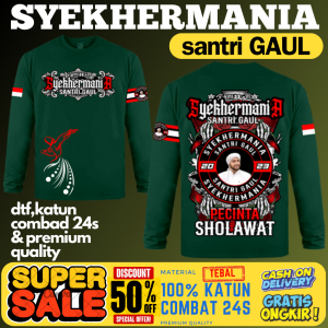 (SMB02)KAOS MAJELIS SYEKHERMANIA"SANTRI GAUL"LENGAN PANJANG UKURAN ANAK DAN DEWASA"FREE STIKER"