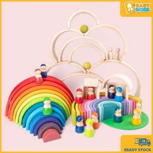 BabyBoss Colorful Nature Wooden Rainbow Building Stacking Montessori Open Ended Toy Mainan Terbuka Pelangi