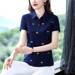 100KG Fat women can wear high quality stretch short sleeve lapel t-shirt for female polo shirt fashion letter floral fit comfortable tee lady casual shirt korean style