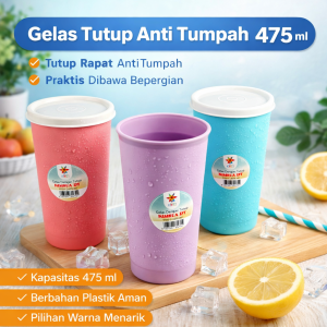 Gelas Minum Tutup Rapat Anti Tumpah 475 Ml (Isi 2 Pcs)  Gelas Plastik Tebal