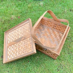 Rantang bambu d.25cm kotak/keranjang bambu 1 susun/Hampers anyaman bambu + Packing kardus