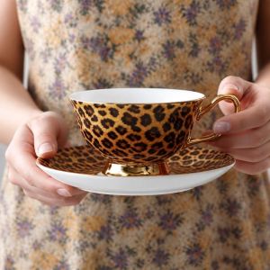 LETIGO Leopard Print Ceramic Coffee Cup Set Bone China Retro Teacup With Saucer High-End European Style Milk Mug Home Use