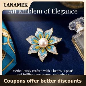 【 CANAMEK 】 Elegant Rhinestone Pearl Flower Brooch Pins for Women Formal Coat Dress Party Stylish Accessories