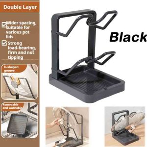 KEBETEME 4PCS Cooking Tool Holder Double Layer Pot Lid Rack Non-slip Cutting Board Spatula Draining Organizer Large Capacity Kitchen Storage Rack