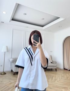 NANDO KEMEJA WANITA BAHAN KATUN POPLIN LIST TRENDY LENGAN PENDEK IMPORT 8271