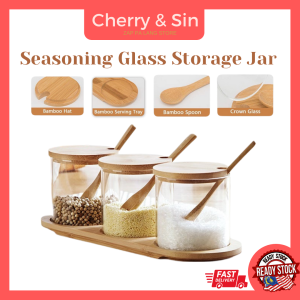 UipalityI 3 Pcs/Set Spice Tool Seasoning Bottle Glass Jar with Wooden Spoon Botol Kaca Perasa/for Sugar Salt Grains Storage/Kitchen storage