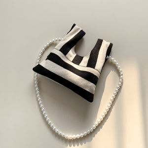 Korea Niche Pearl Striped Canvas Handbag Joker Cute One-shoulder Diagonal Mini Bag Underarm Bag