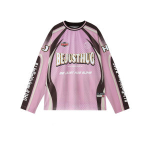 [Summer Thin Womens Letter Print Top]เสื้อยืดคอกลมแขนยาวพิมพ์ลายตัวอักษรลายทางสีบล็อกสำหรับผู้หญิงในช่วงฤดูร้อน