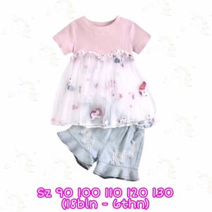 SETELAN ANAK PEREMPUAN UNICORN IMPORT MURAH BLOUSE TILLE BORDIR CELANA PENDEK JEANS RIPPED