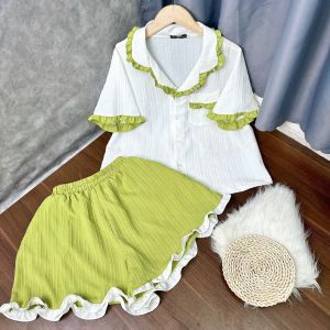Set đồ bộ ngủ pyjama nữ BIGSIZE CÔ NHỎ vạt bèo xinh xắn có túi 1 bên chất vải đũi xốp mát mẻ dành cho nàng mập 58-95 SET65