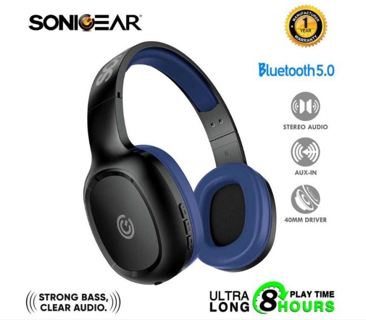 SonicGear AirPhone Bluetooth Headphones With Mic For Smartphones and  Tablets (Black/Blue) Lazada PH