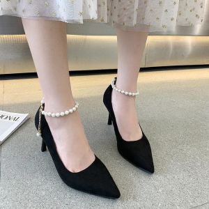 [Free Shipping] Wanwanfeng WomenS Spring New Collection: Pointed-Toe Stiletto-Heeled Pearl-Embellished Single-Strap High Heels Retro Wedding Shoes