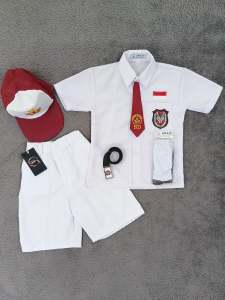 setelan seragam sekolah putih-putih anak laki-laki lengan pendek sd kelas 1-6 topi merah putih