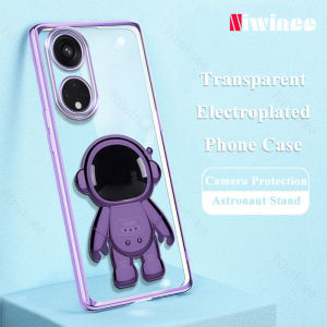 Niwinee mạ màu tím thời trang Ốp điện thoại cho OPPO RENO 8 t 8Z 7Z 8 7 6 4g 5 Pro 5g 2F phi hành gia đứng vỏ trong suốt mềm chống sốc Khung lưng reno8 t reno7 Z