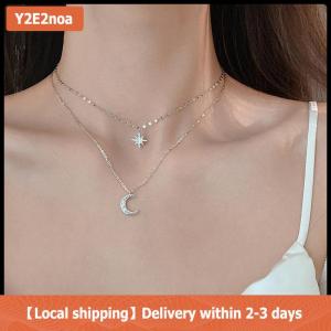 【Local shipping】 Fashion Simple Double Layer Star Moon Pendant Necklace Light Luxury Inlaid Diamond Clavicle Chain For Women Fashion Jewelry