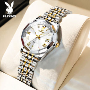 PLAYBOY Watch For Women Original Waterproof Elegant Korean Style Casual Stainless Steel Dual Calendar Display Luminous Gift For Girlfriend
