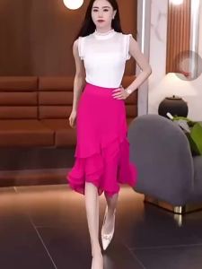 Irregular Chiffon Fishtail Skirt Hip-Covering WomenS Summer High-Waisted Slimming Mid-Length Skirts