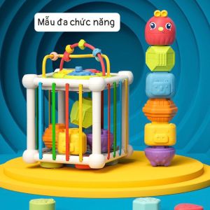 Đồ chơi hộp thả khối đan dây luồn hạt kèm đàn đa chức năng đồ chơi giáo cụ Montessori rèn kĩ năng giáo dục sớm cho bé