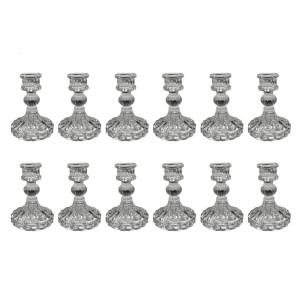 12 Piece Clear Glass Taper Holders With Ribbed Textured Small Candlesticks Stand For Indoor Ambiances Lighting