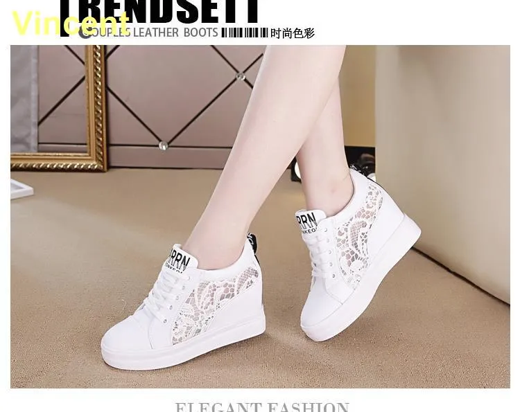  Womens Platform Shoes Hidden Wedge 3 Inches Height Increase,  Canvas Sneakers High Heel White Black Fashion Sneakers for Women and Girls