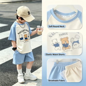 AILEBE Kids Sets Terno Cartoon Letter Print Short Sleeve Top Shorts Set Soft Lightweight Breathable Summer Wear Complete Matching Casual Outfit Pambahay OOTD For Baby Boys 0-5 Years