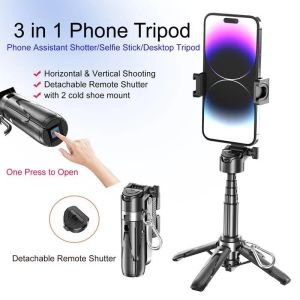 Mini Selfie Stick 3 In 1 Extendable Grip Tripod Bluetooth Remote ControlTongsis Tripod Bluetooth Dan Lampu