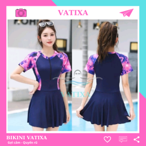 [MLXL] Bikini đi biển đồ bơi nữ kín đáo liền thân ngắn tay phối váy có quần bảo hộ phong cách thể thao VATIXA BKN150