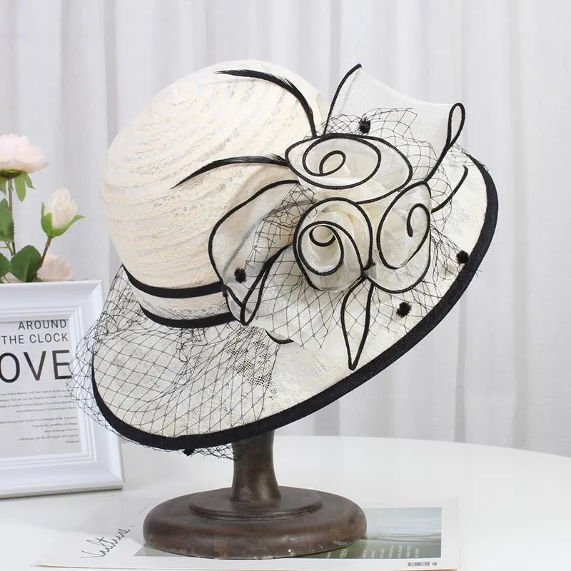 Summer Beige Lace Fascinator Hats Wide Brim Party Church Hat For