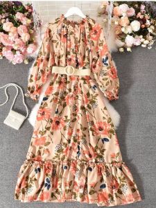 P006-036 PIMNADACLOSET - Long Puff Sleeve Loose Gorgeous Flowers Dress With Belted