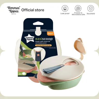Tommee Tippee Easy Scoop Bowl with Travel Lid & Feeding Spoon – BPA-free Easy-Scoop Curved Design Lid & Spoon Set