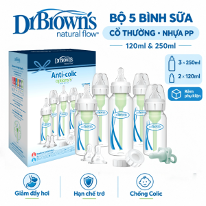 [ SB05005 ] Combo đi sinh - Bộ 5 bình sữa Dr.Browns cổ thường nhựa PP  dung tích 120ml & 250ml + kèm phụ kiện