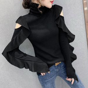 YIMEI Áo Thun Diềm Xếp Nếp Đa Năng Thời Trang Xuân Mới 2023 Áo Len Cổ Cao Xếp Ly Thời Trang Nữ Áo Thun Trễ Vai Kiểu Tây