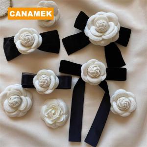 【CANAMEK】 New Fabric Camellia Flower Brooch Velvet Bow Tie Ladies College Style Shirt Collar Pins Vintage Wedding Party Brooches For Women