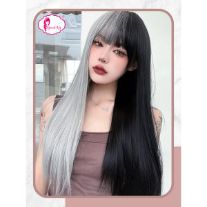 Ryuuta Wig Basic Cap Lurus Panjang Lolita Ulzzang Black Silver 60 cm